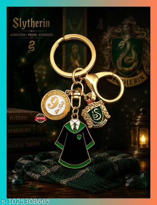 Harry Potter Slytherin 3 Charm Metal Keychain – Platform 9¾, Hogwarts Uniform & House Crest, Gold Finish
